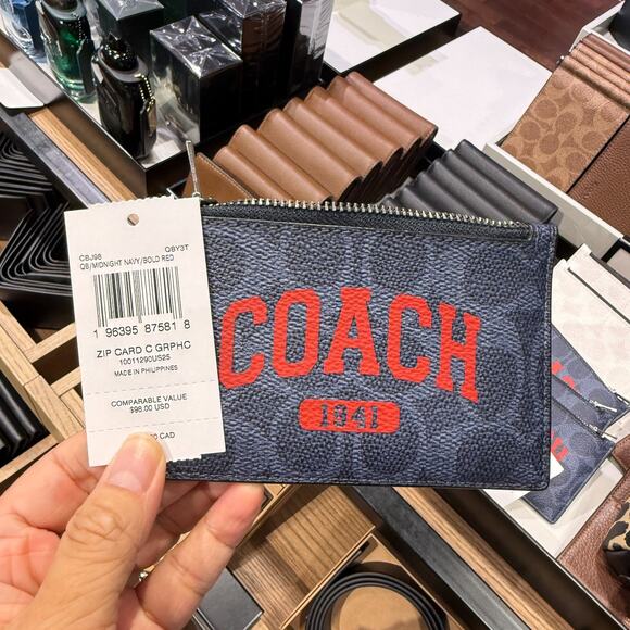 Coach Zip Card Case Signature Canvas Coach Graphic CBJ98 Midnight Navy/Bold Red - Picture 4 of 4